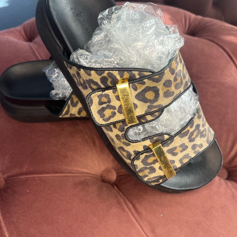Alexander McQueen Leopard Print Sandals with Gold Details
